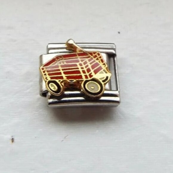 Little brown enamel wagon 9mm stainless steel italian charm bracelet link new - Picture 1 of 2